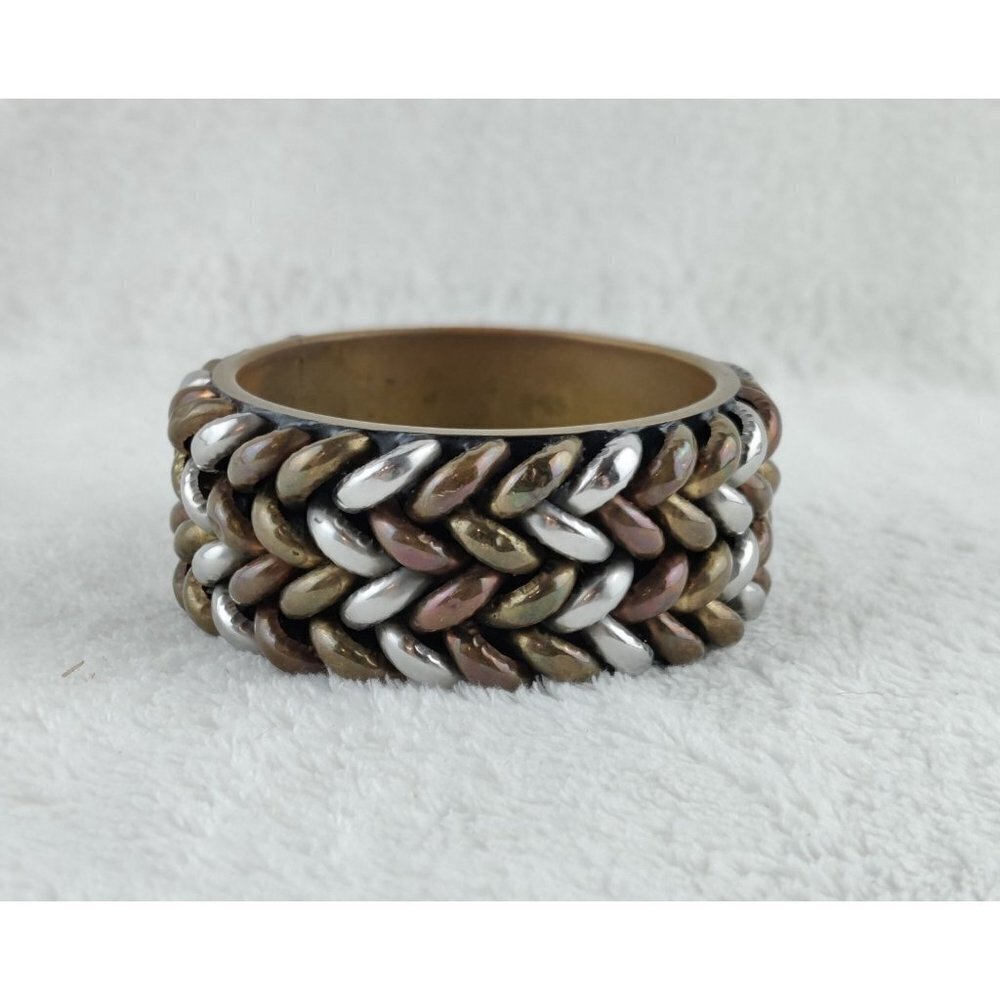 Three Metel ColorBangle Bracelet Copper Brass Silver Vtg Braided Chevron Boho